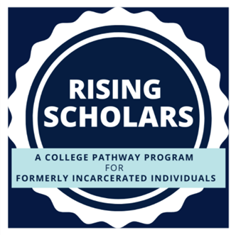 Rising Scholars Program logo with blue field and white letters 